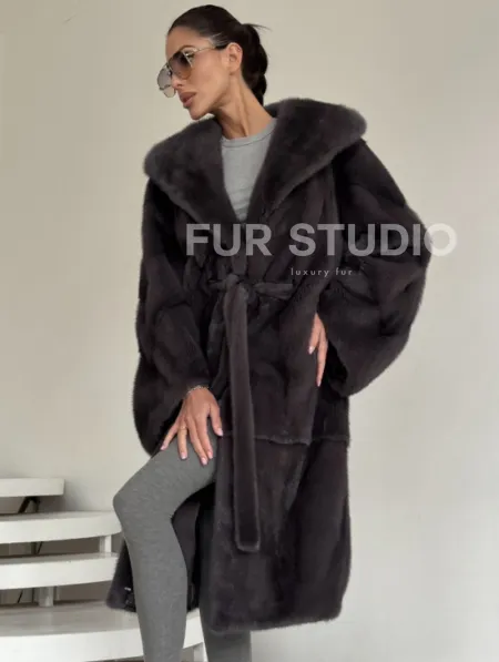 Зимняя норковая шуба с капюшоном - цвет графит - фото 3