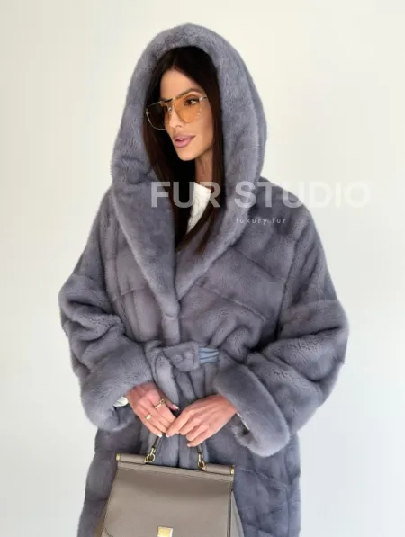 Удлиненная норковая шуба - кимоно с капюшоном - фото 15