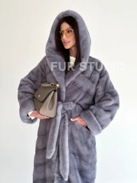 Удлиненная норковая шуба - кимоно с капюшоном - фото 16