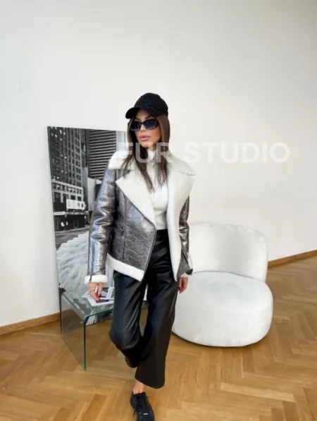 Дубленка овчина короткая - серебро - фото 3