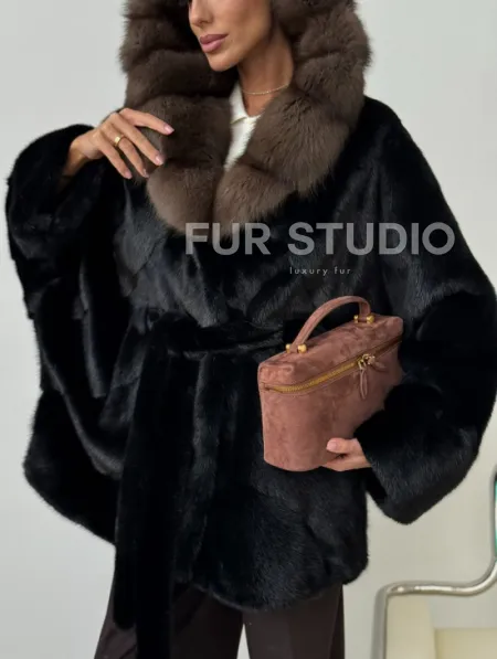 Норковый полушубок с капюшоном - летучая мышь - фото 4