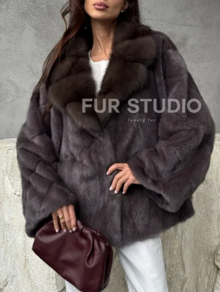 Норковый полушубок с воротником куница - фото 1