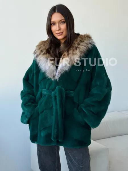 Норковая шуба с капюшоном из рыси - фото 9