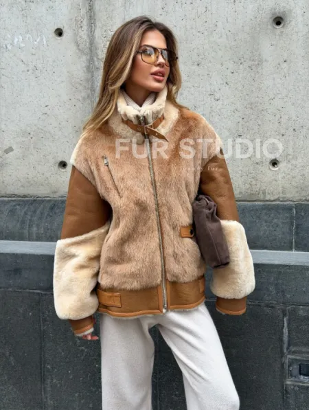 Комбинированная дубленка из овчины и норки - фото 12