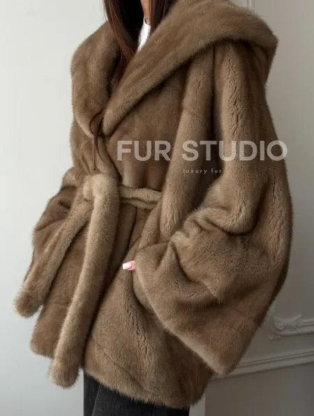 Норковая шуба пастель с капюшоном - фото 2