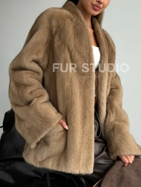 Норковый полушубок V-образный воротник - фото 1