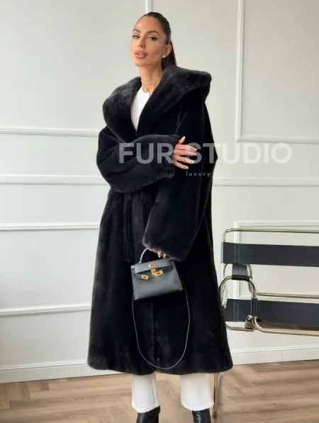 Шуба из норки BLACKGLAMA  с капюшоном в роспуск - фото 6