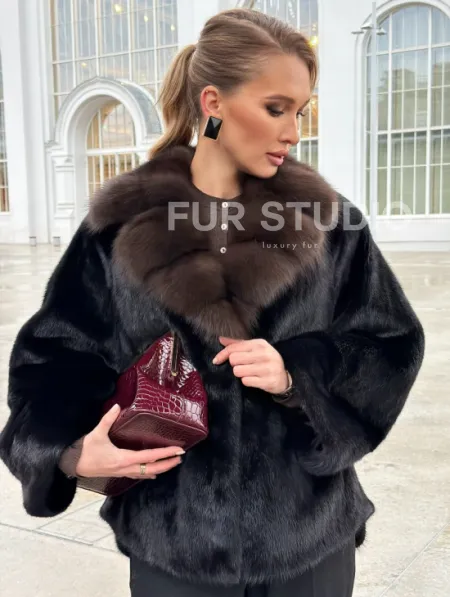 Черный норковый жакет с воротником куницы - фото 5
