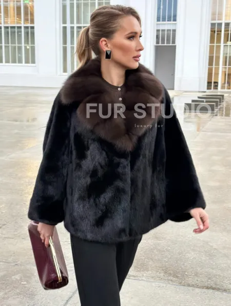 Черный норковый жакет с воротником куницы - фото 7