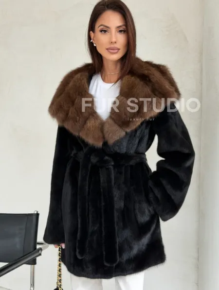 Черная шуба в роспуск с капюшоном соболь - фото 6