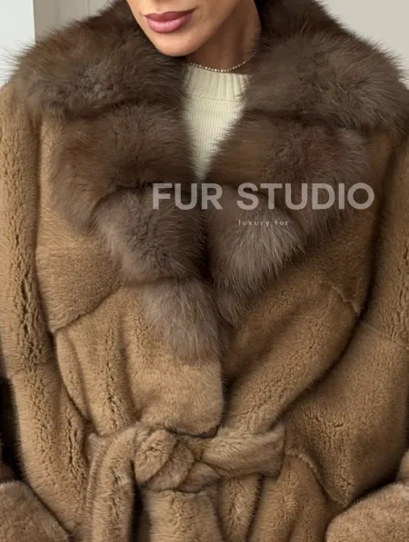 Шуба норка - воротник куница - фото 1