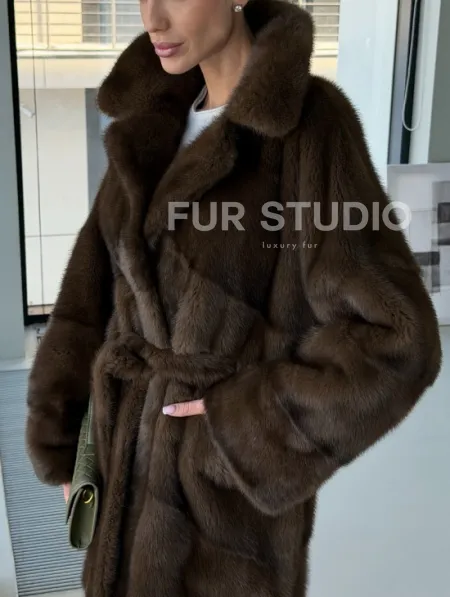 Коричневая норковая шуба - кимоно - фото 2