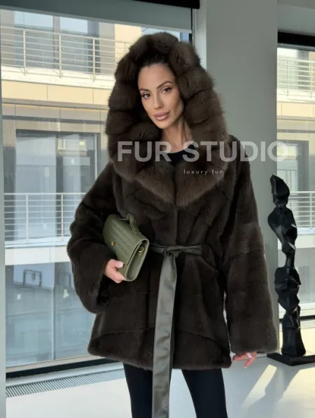 Норковое пончо шуба с капюшоном из меха куницы dark olive - фото 15