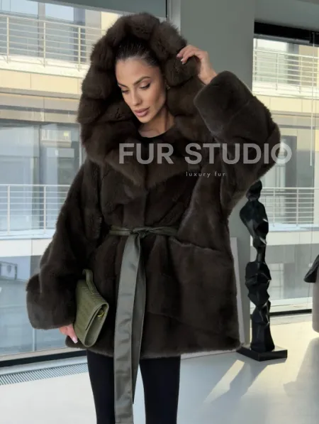 Норковое пончо шуба с капюшоном из меха куницы dark olive - фото 7