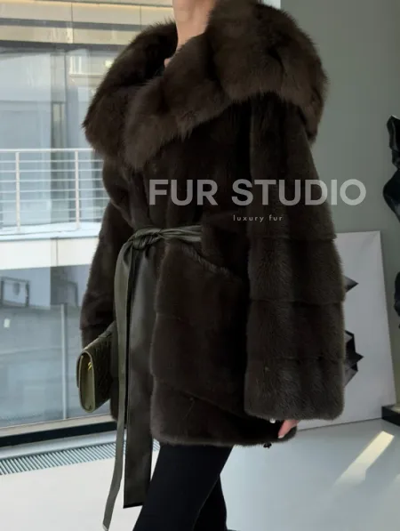 Норковое пончо шуба с капюшоном из меха куницы dark olive - фото 3