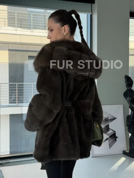 Норковое пончо шуба с капюшоном из меха куницы dark olive - фото 9