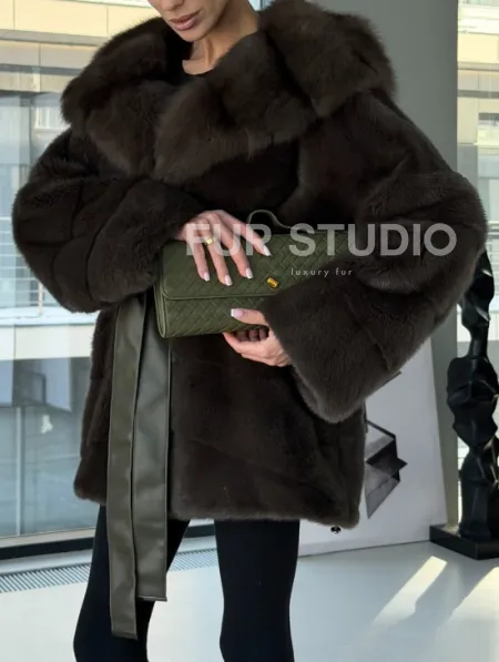 Норковое пончо шуба с капюшоном из меха куницы dark olive - фото 2
