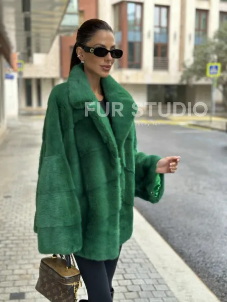 Куртка из норки с английским воротником - цвет изумруд - фото 0