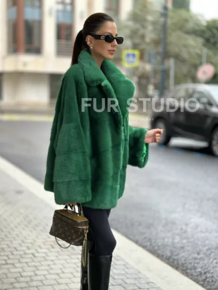Куртка из норки с английским воротником - цвет изумруд - фото 5