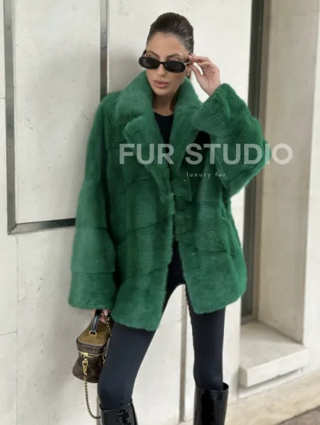 Куртка из норки с английским воротником - цвет изумруд - фото 1