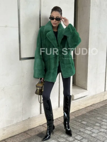 Куртка из норки с английским воротником - цвет изумруд - фото 6