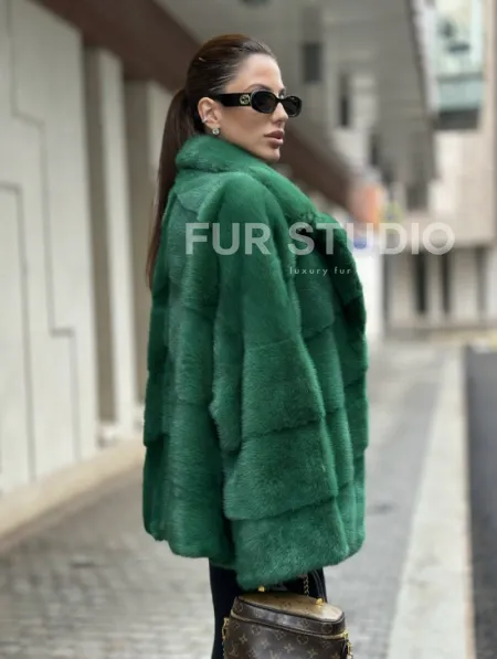 Куртка из норки с английским воротником - цвет изумруд - фото 2