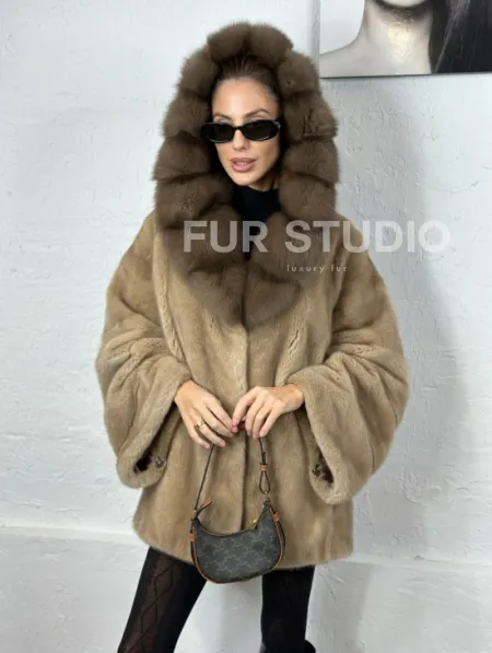 Норка автоледи с капюшоном куница - цвет пастель - фото 5