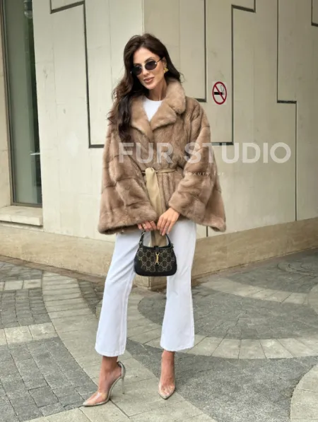 Шуба автоледи из норки цвет бежевый - фото 10