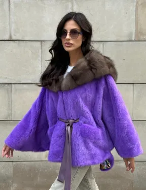 Шуба из норки Violet с капюшоном из меха куницы - фото 12