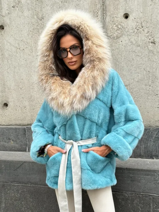 Шуба автоледи из норки с капюшоном из меха рыси - цвет Tiffany - фото 0