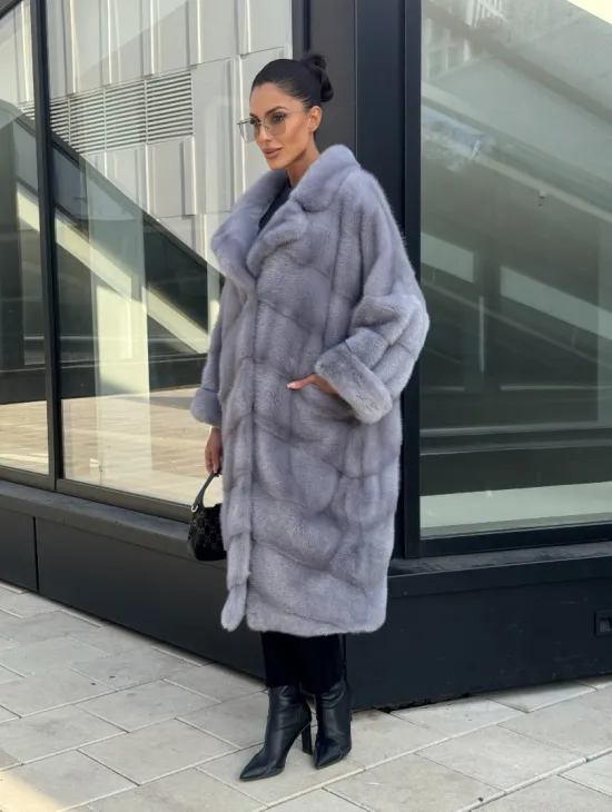 Голубая норковая шуба английский воротник, фасон кокон - фото 6