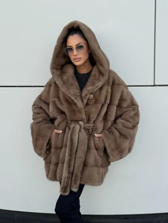 Норковая шуба автоледи с капюшоном кобра, цвет Тортор - фото 11