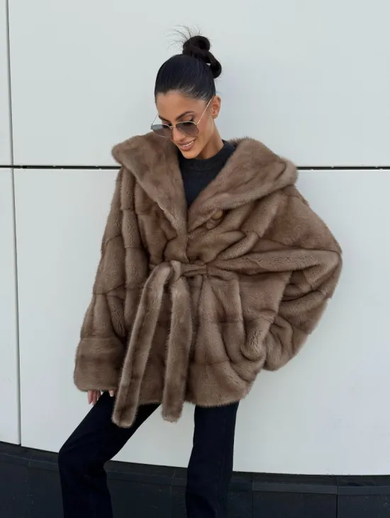 Норковая шуба автоледи с капюшоном кобра, цвет Тортор - фото 8