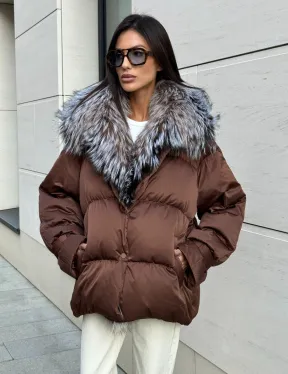 Женский зимний пуховик с мехом чернобурки - фото 0