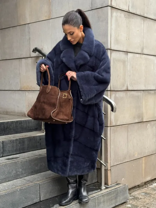 Норковая шуба-пальто в цвете джинс, стиль  “Бохо“ — батальный размер - фото 5