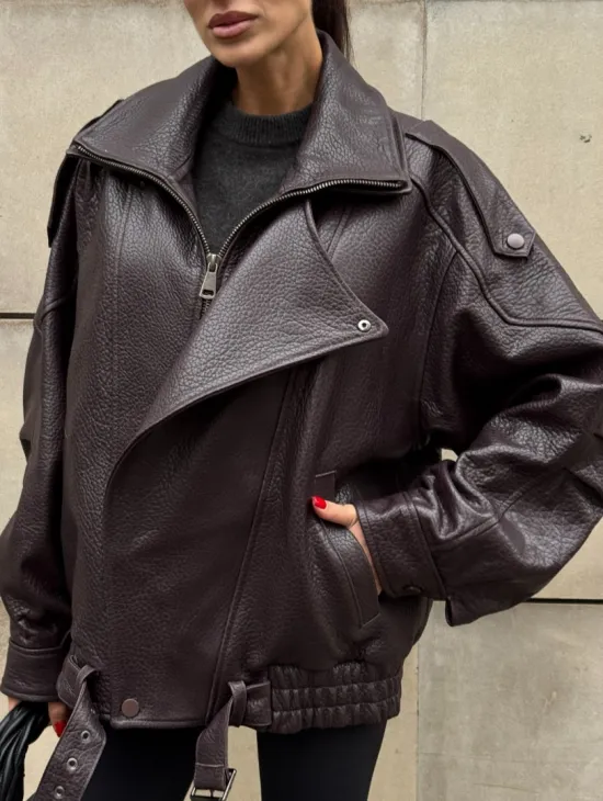 Стильная женская куртка из натуральной зернистой кожи COLLECTION DARK BURGUNDY - фото 1