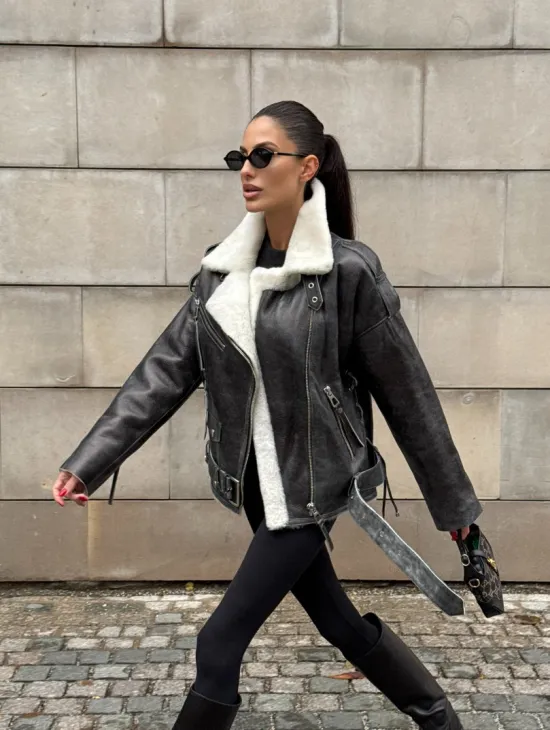 Коротка женская дубленка Vintage Grey из белой овчины мериноса, боковой шнуровкой и накладной пояс - фото 14