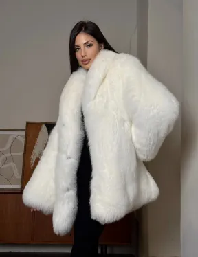 Белая шуба из меха лисы - воротник шаль - фото 0