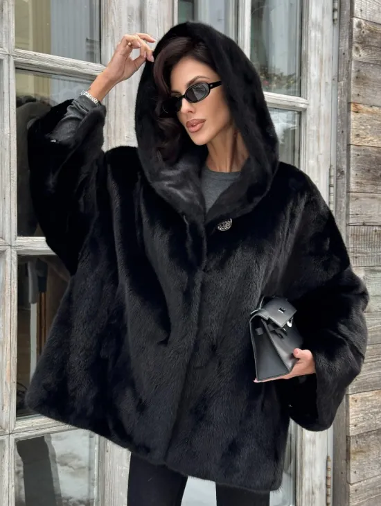 Черная зимняя шуба из меха норки Nafa mink с капюшоном - автоледи - фото 9