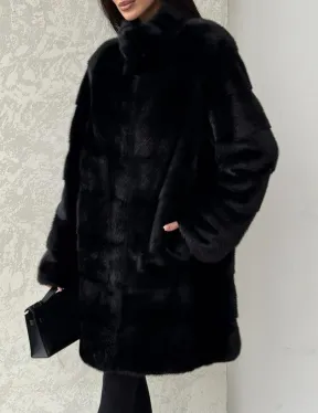 Норковая шуба в черном цвете воротник стойка - фото 1