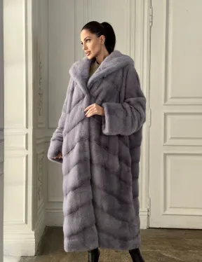 Длинная голубая норковая шуба с капюшоном PLUS SIZE - фото 7