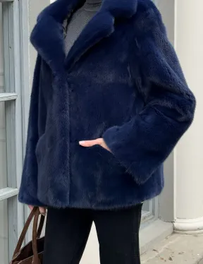 Синий норковый полушубок с английским воротником - фото 1