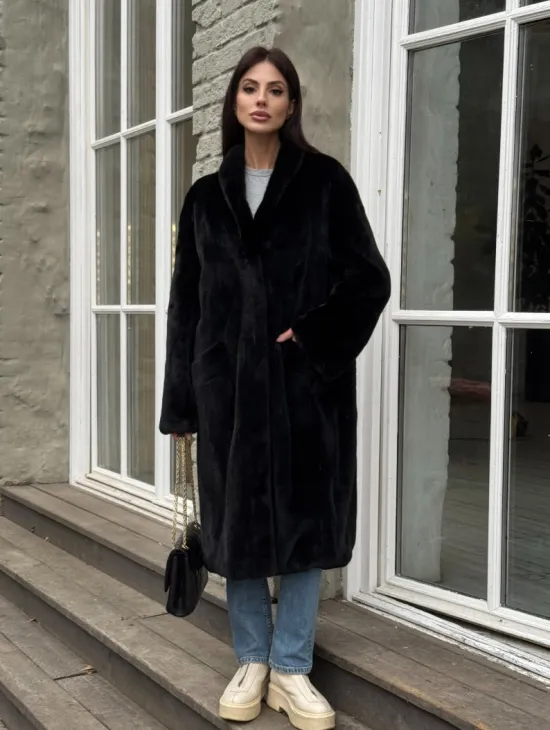 Шуба из норки Black в классической выкладке с воротником стойка-шаль - фото 7