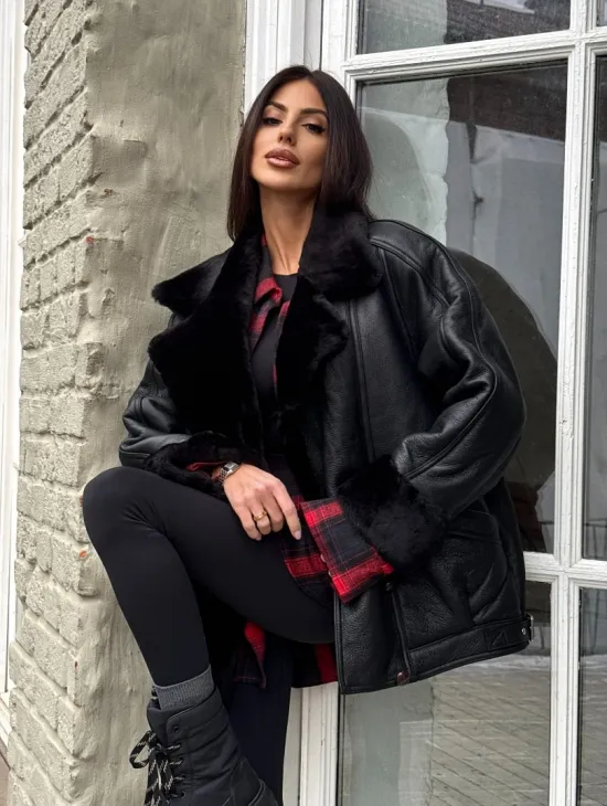 Винтажная куртка - дубленка «Total Black» с английским воротником на пуговицах - фото 9