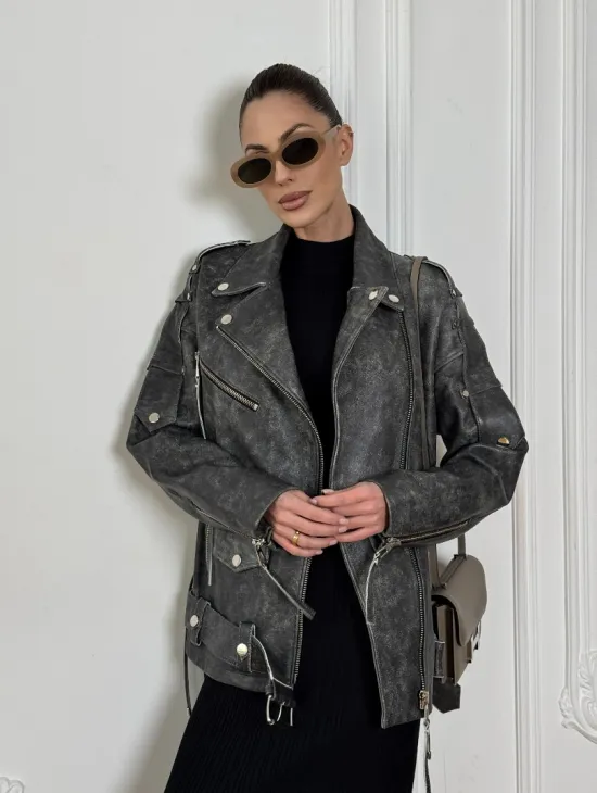 Косуха женская из натуральной кожи Vintage со шнуровкой - цвет серый - фото 10