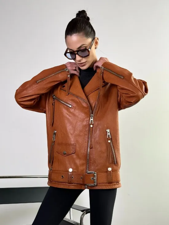 Удлиненная косуха «Прямой Оверсайз» из натуральной кожи whiskey - фото 4