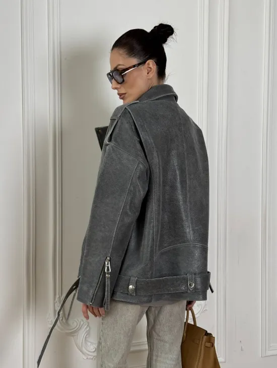 Винтажная кожаная косуха оверсайз - серый графит - фото 5