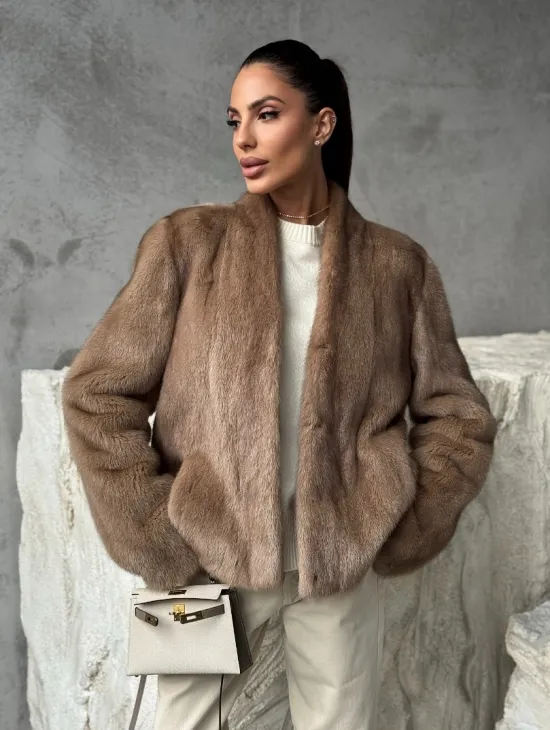 Кроп - жакет из норки Pastel с воротником V-образным 60 см - фото 0