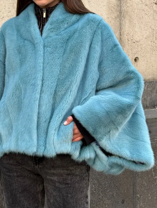 Норковая шуба летучка с V-образным воротником, цвет - тиффани - фото 1