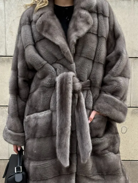 Шуба - кимоно под пояс из меха аукционной норки с английским воротником - фото 1